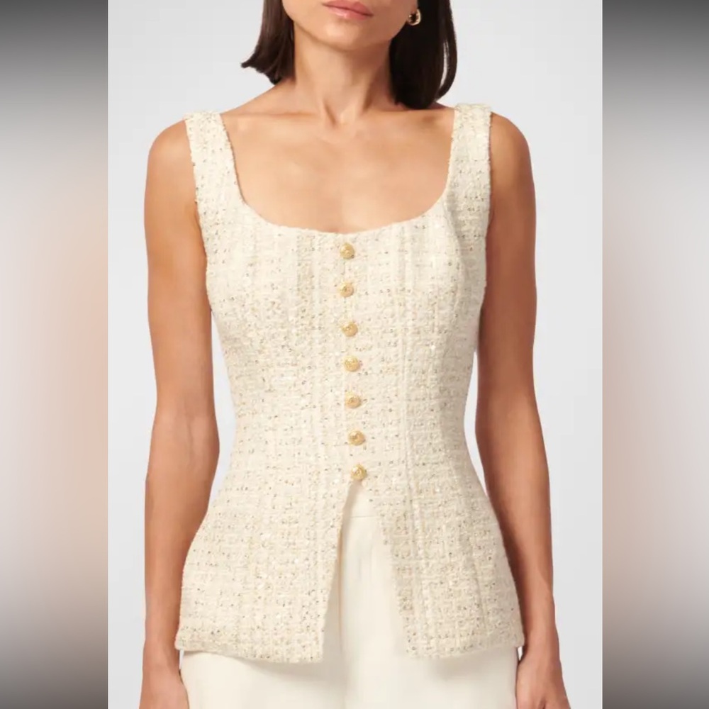 Elie Tahari Cream Tweed Sleeveless Button-Front Top
